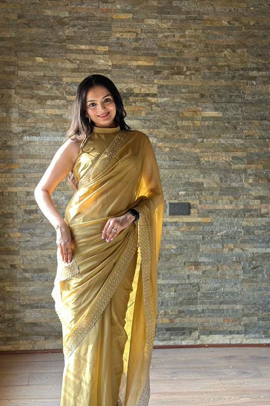 Leelavati Embroidered, Embellished Bollywood Georgette Saree (Cream)