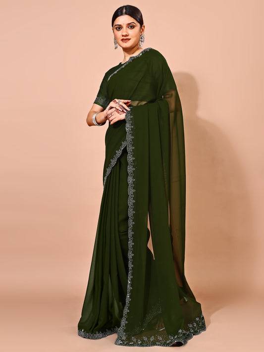 Leelavati Embellished Bollywood Chiffon Saree (Dark Green)