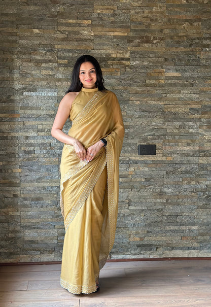 Leelavati Embroidered, Embellished Bollywood Georgette Saree (Cream)