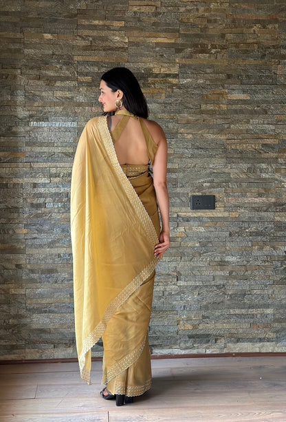 Leelavati Embroidered, Embellished Bollywood Georgette Saree (Cream)