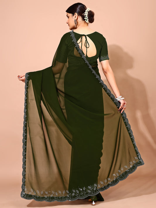 Leelavati Embellished Bollywood Chiffon Saree (Dark Green)