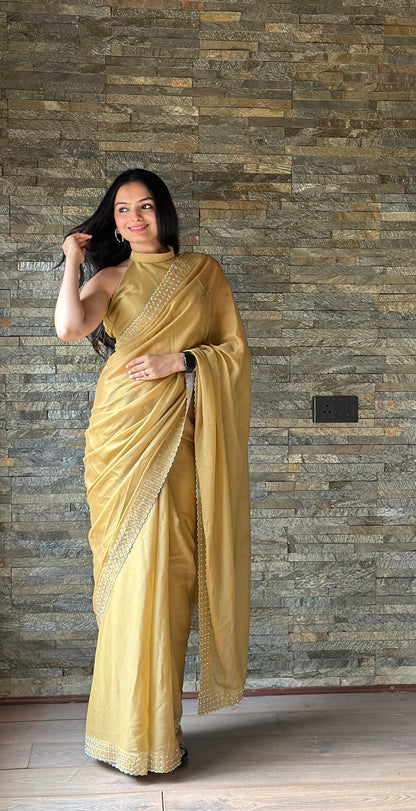 Leelavati Embroidered, Embellished Bollywood Georgette Saree (Cream)