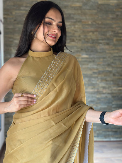 Leelavati Embroidered, Embellished Bollywood Georgette Saree (Cream)