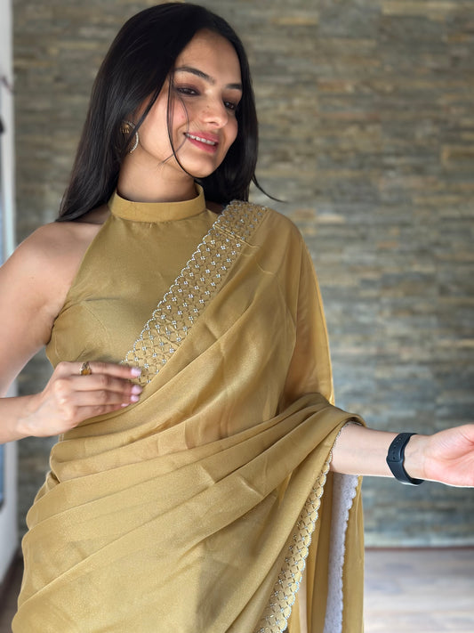 Leelavati Embroidered, Embellished Bollywood Georgette Saree (Cream)