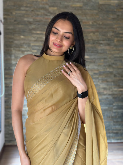 Leelavati Embroidered, Embellished Bollywood Georgette Saree (Cream)