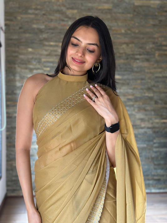 Leelavati Embroidered, Embellished Bollywood Georgette Saree (Cream)