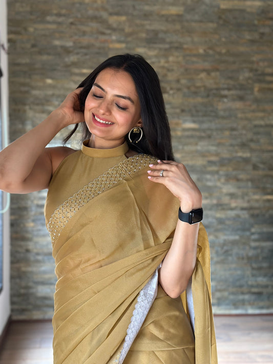 Leelavati Embroidered, Embellished Bollywood Georgette Saree (Cream)