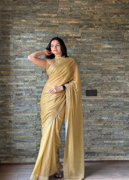 Leelavati Embroidered, Embellished Bollywood Georgette Saree (Cream)