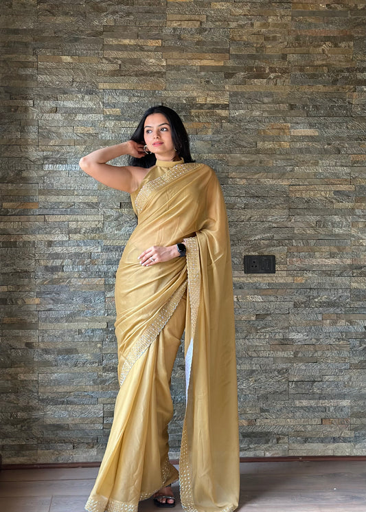 Leelavati Embroidered, Embellished Bollywood Georgette Saree (Cream)