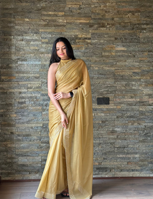 Leelavati Embroidered, Embellished Bollywood Georgette Saree (Cream)