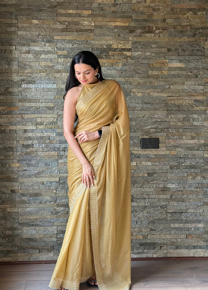 Leelavati Embroidered, Embellished Bollywood Georgette Saree (Cream)