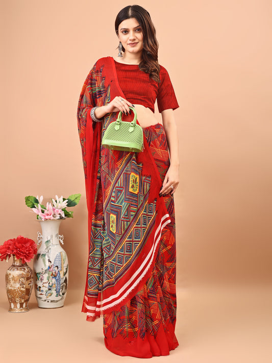 Leelavati Printed Bollywood Chiffon Saree (Red)
