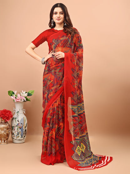 Leelavati Printed Bollywood Chiffon Saree (Red)