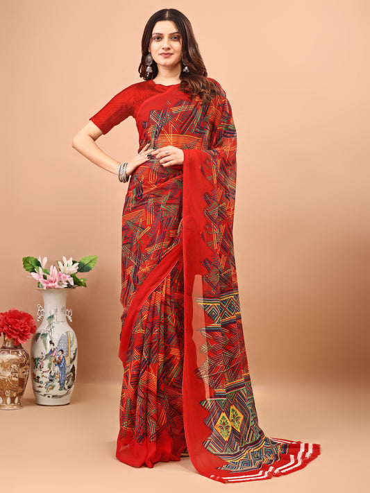 Leelavati Printed Bollywood Chiffon Saree (Red)
