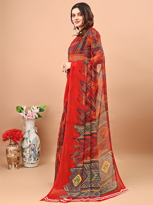 Leelavati Printed Bollywood Chiffon Saree (Red)