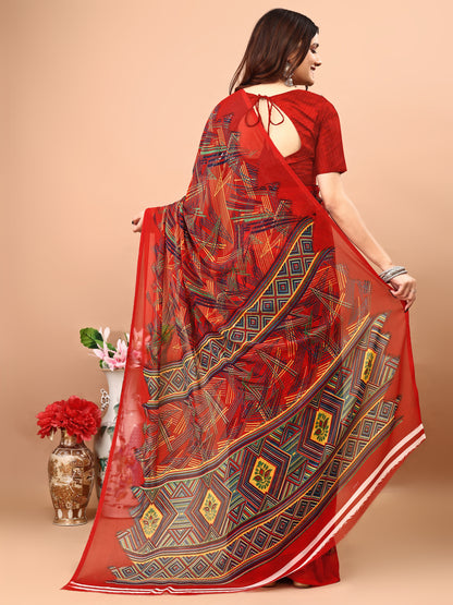 Leelavati Printed Bollywood Chiffon Saree (Red)