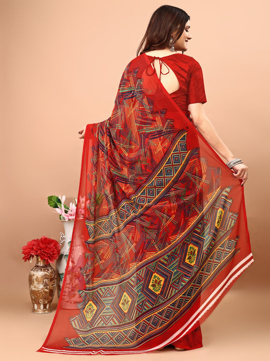 Leelavati Printed Bollywood Chiffon Saree (Red)