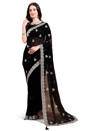 Leelavati Embroidered, Embellished, Woven Bollywood Georgette Saree (Black)
