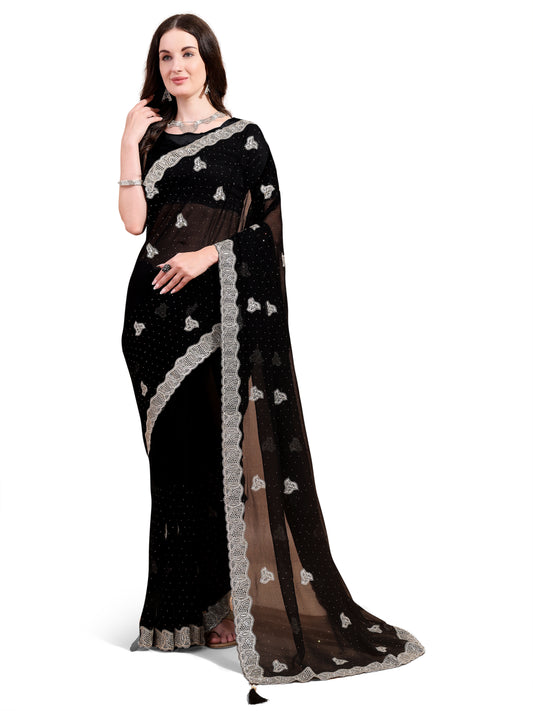 Leelavati Embroidered, Embellished, Woven Bollywood Georgette Saree (Black)