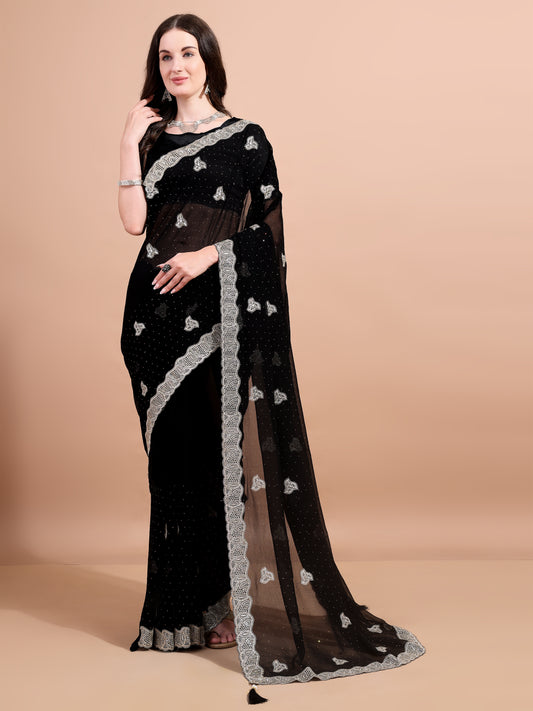 Leelavati Embroidered, Embellished, Woven Bollywood Georgette Saree (Black)