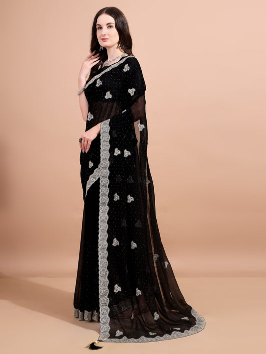 Leelavati Embroidered, Embellished, Woven Bollywood Georgette Saree (Black)