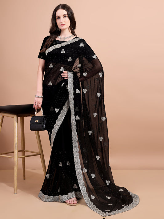 Leelavati Embroidered, Embellished, Woven Bollywood Georgette Saree (Black)