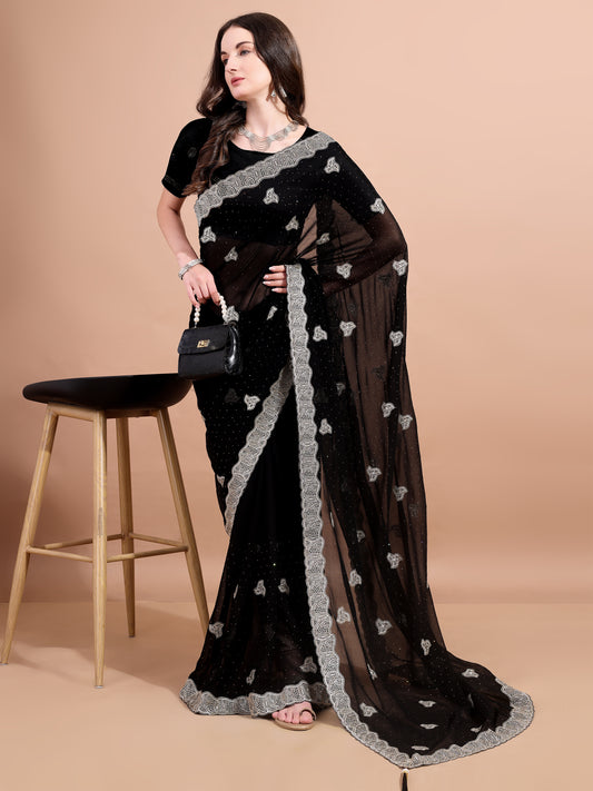 Leelavati Embroidered, Embellished, Woven Bollywood Georgette Saree (Black)