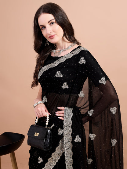 Leelavati Embroidered, Embellished, Woven Bollywood Georgette Saree (Black)