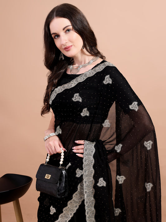 Leelavati Embroidered, Embellished, Woven Bollywood Georgette Saree (Black)