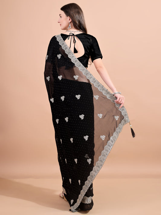 Leelavati Embroidered, Embellished, Woven Bollywood Georgette Saree (Black)