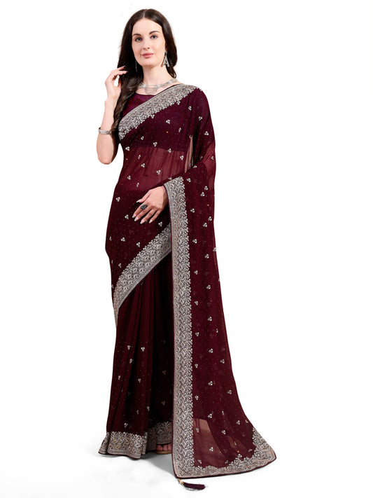 Leelavati Embroidered, Embellished, Woven Bollywood Georgette Saree (Maroon)