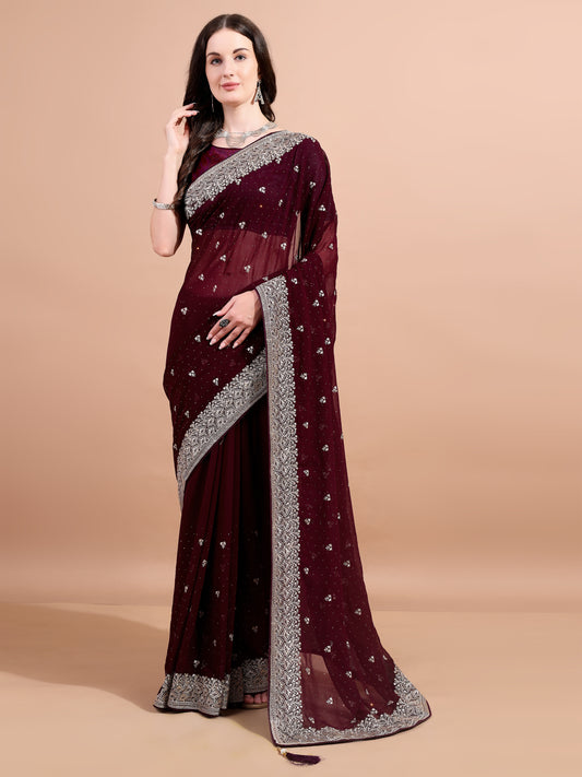 Leelavati Embroidered, Embellished, Woven Bollywood Georgette Saree (Maroon)