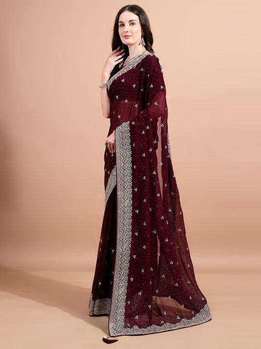 Leelavati Embroidered, Embellished, Woven Bollywood Georgette Saree (Maroon)