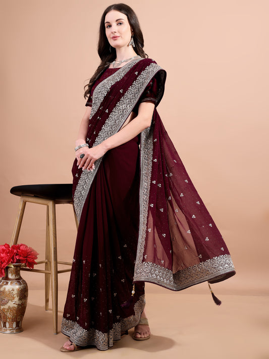 Leelavati Embroidered, Embellished, Woven Bollywood Georgette Saree (Maroon)