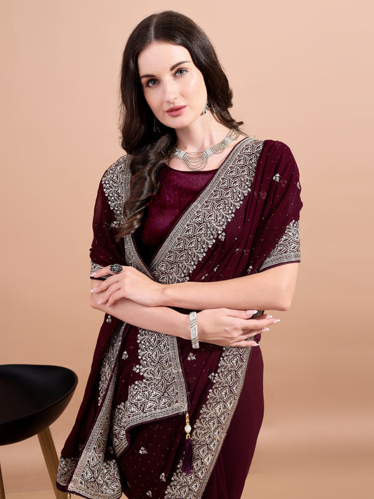 Leelavati Embroidered, Embellished, Woven Bollywood Georgette Saree (Maroon)