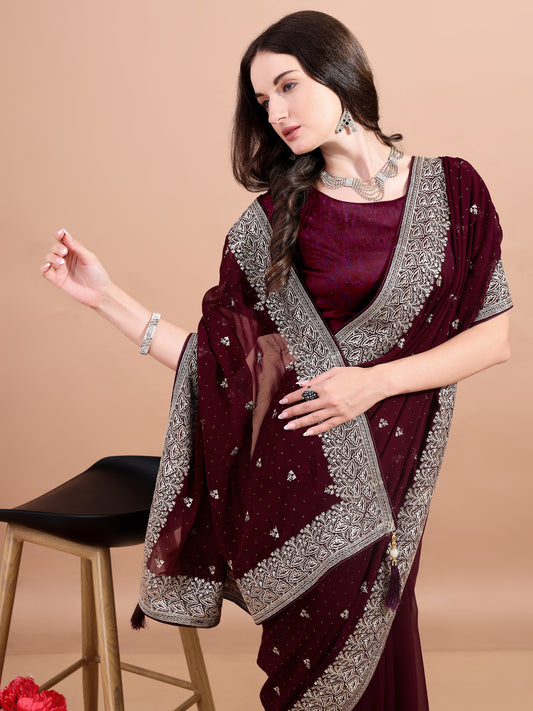 Leelavati Embroidered, Embellished, Woven Bollywood Georgette Saree (Maroon)