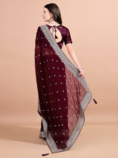 Leelavati Embroidered, Embellished, Woven Bollywood Georgette Saree (Maroon)
