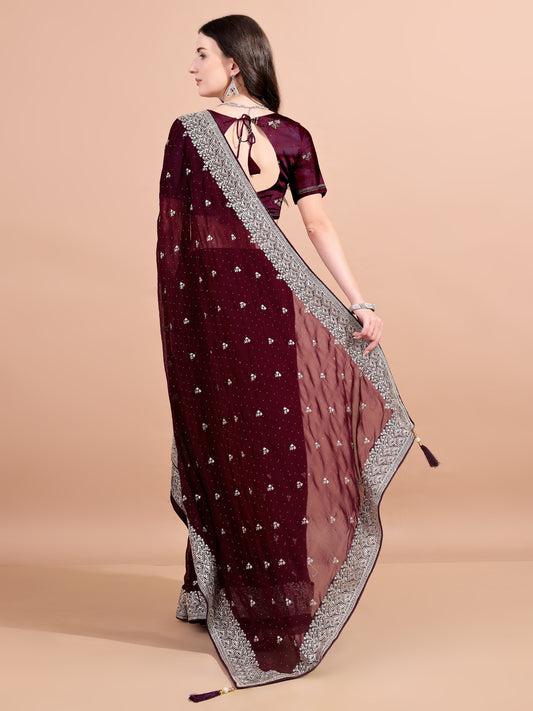 Leelavati Embroidered, Embellished, Woven Bollywood Georgette Saree (Maroon)
