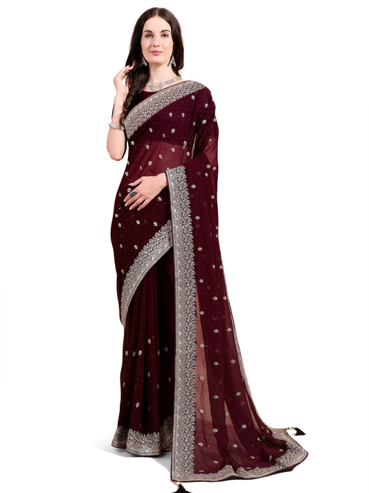 Leelavati Embroidered, Embellished, Woven Bollywood Georgette Saree (Maroon)