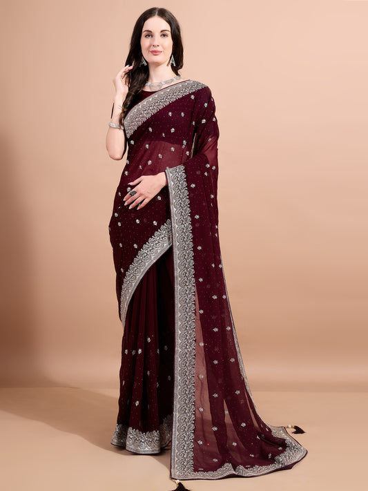 Leelavati Embroidered, Embellished, Woven Bollywood Georgette Saree (Maroon)