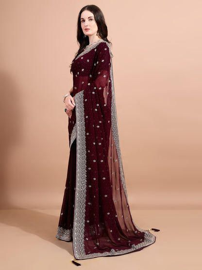 Leelavati Embroidered, Embellished, Woven Bollywood Georgette Saree (Maroon)