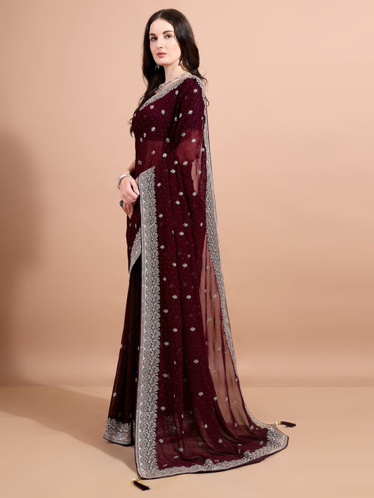 Leelavati Embroidered, Embellished, Woven Bollywood Georgette Saree (Maroon)
