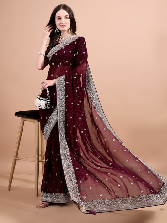 Leelavati Embroidered, Embellished, Woven Bollywood Georgette Saree (Maroon)
