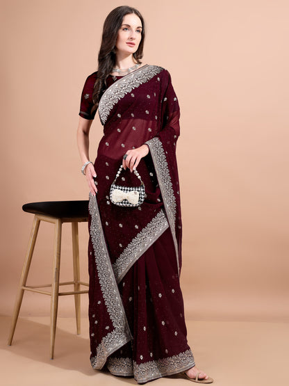 Leelavati Embroidered, Embellished, Woven Bollywood Georgette Saree (Maroon)