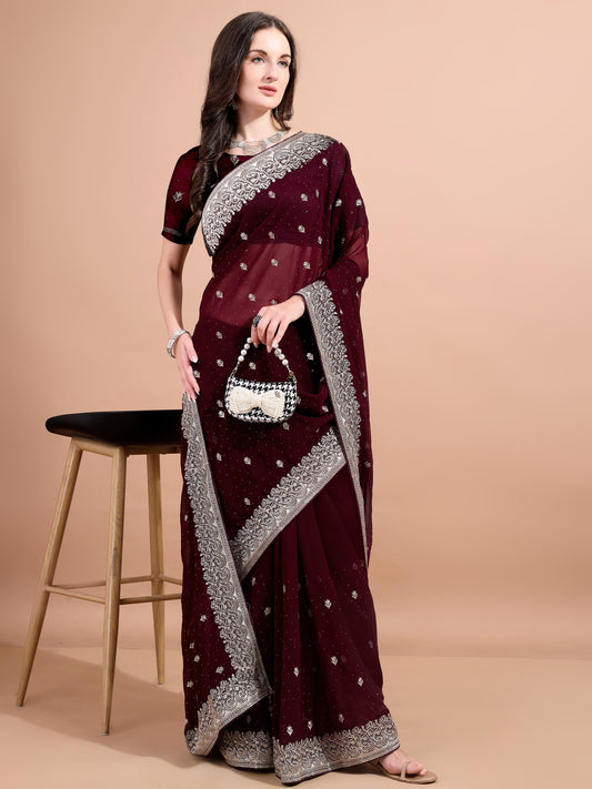 Leelavati Embroidered, Embellished, Woven Bollywood Georgette Saree (Maroon)