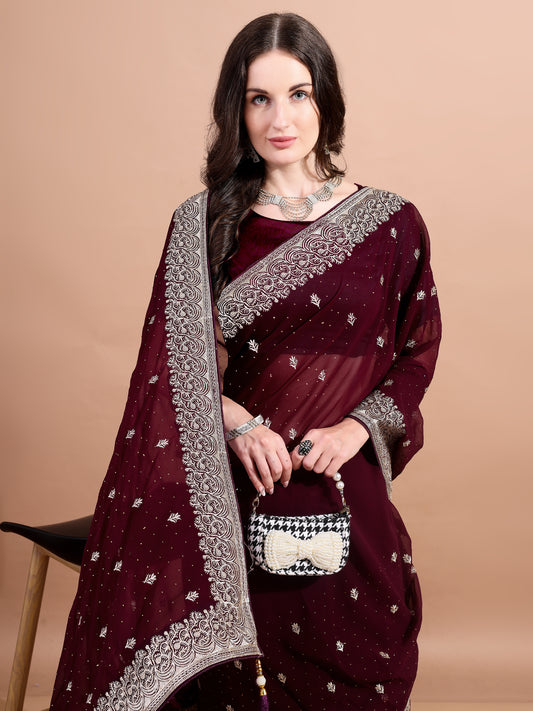 Leelavati Embroidered, Embellished, Woven Bollywood Georgette Saree (Maroon)