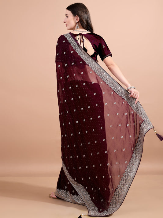 Leelavati Embroidered, Embellished, Woven Bollywood Georgette Saree (Maroon)