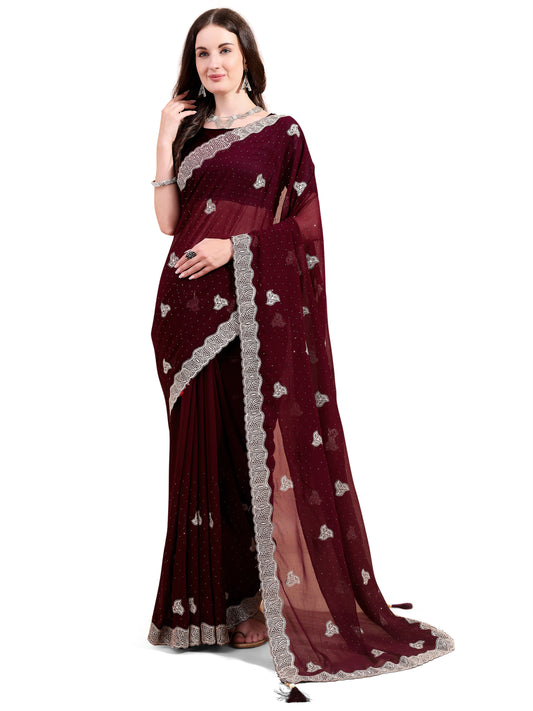 Leelavati Embroidered, Embellished, Woven Bollywood Georgette Saree (Maroon)