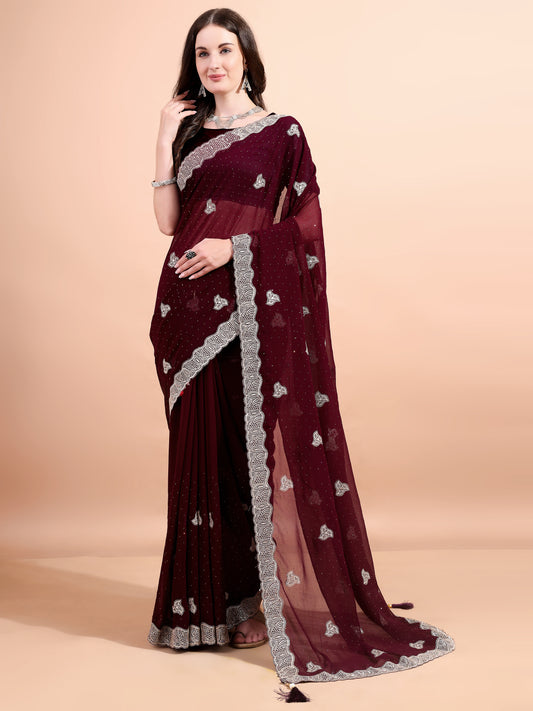Leelavati Embroidered, Embellished, Woven Bollywood Georgette Saree (Maroon)