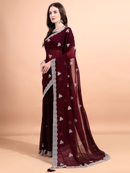 Leelavati Embroidered, Embellished, Woven Bollywood Georgette Saree (Maroon)